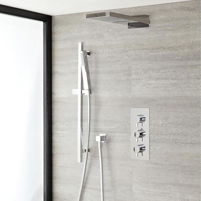 Milano Mirage - Chrome Thermostatic Shower with Diverter, Waterblade Shower Head, Hand Shower and Riser Rail (3 Outlet)