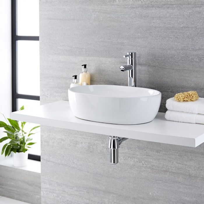 Milano Overton - White Modern Oval Countertop Basin - 480mm x 350mm (No Tap-Holes)
