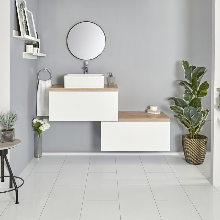 Milano Oxley - White and Golden Oak 1400mm Wall Hung Stepped Vanity Unit with Countertop Basin