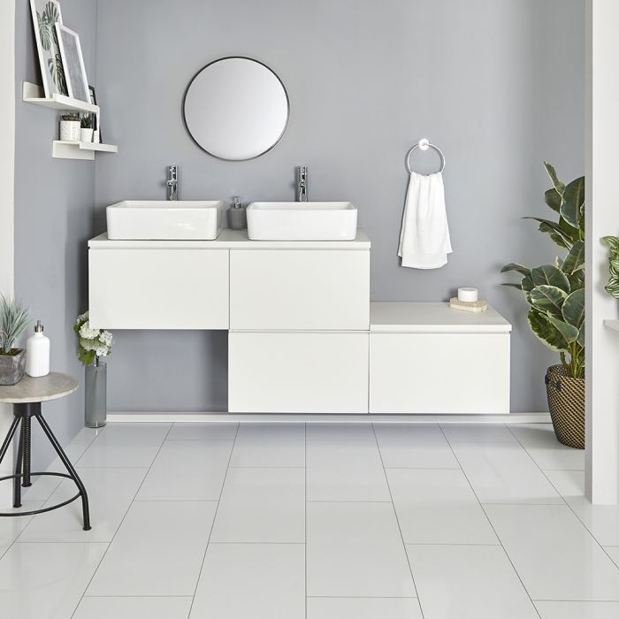 Milano Oxley - White 1800mm Wall Hung Stepped Vanity Unit with Countertop Basins