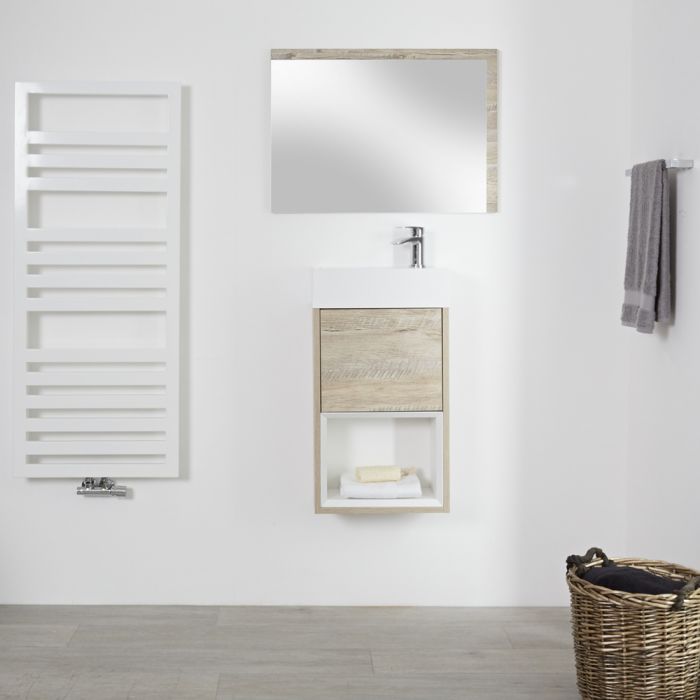 Milano Bexley - Light Oak 400mm Wall Hung Open Shelf Cloakroom Vanity Unit with Basin
