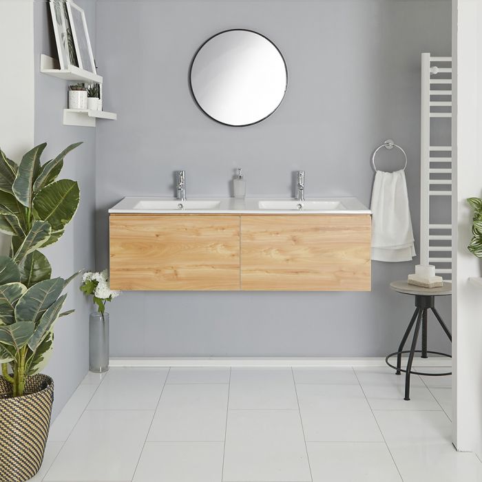 Milano Oxley - Golden Oak 1200mm Wall Hung Vanity Unit with Double Basins