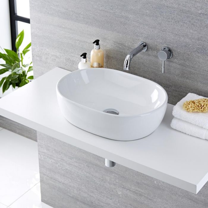 Milano Overton - White Modern Oval Countertop Basin with Wall Mounted Mixer Tap - 480mm x 350mm (No Tap-Holes)