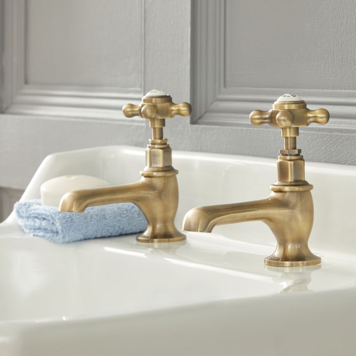 Milano Elizabeth Traditional Crosshead Basin Pillar Taps Brushed Gold - Antique Gold Bathroom Basin Taps