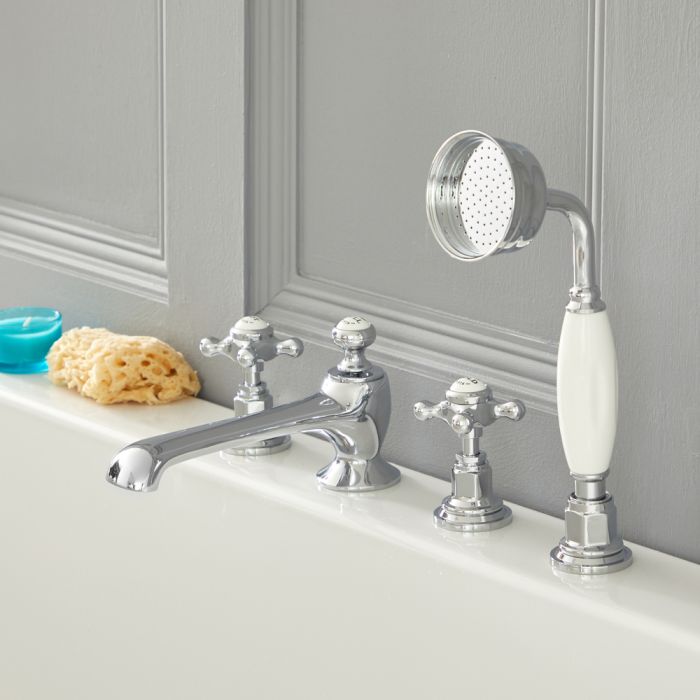 Milano Elizabeth - Traditional 4 Tap-Hole Crosshead Bath Shower Mixer Tap - Chrome and White