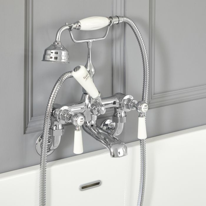 Milano Elizabeth - Traditional Wall Mounted Lever Bath Shower Mixer Tap - Chrome and White