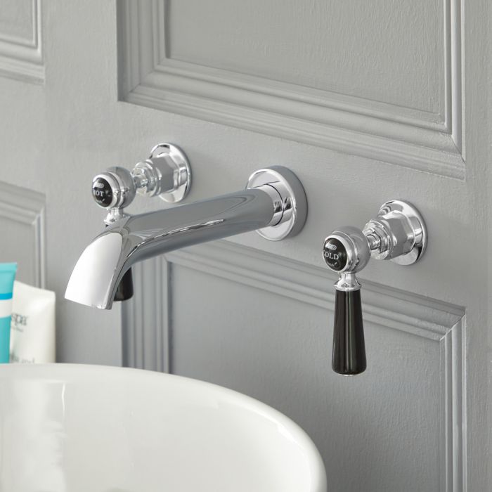 Milano Elizabeth - Traditional Wall Mounted 3 Tap-Hole Lever Basin Mixer Tap - Chrome and Black