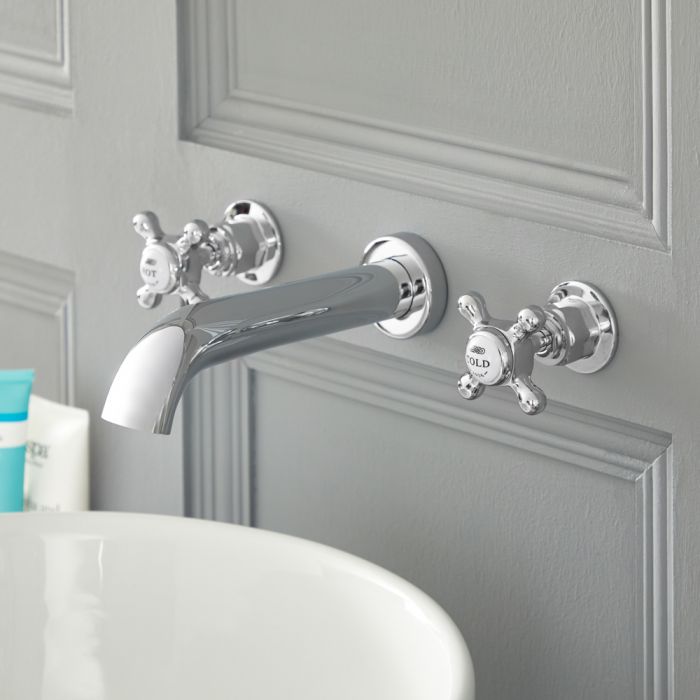 Milano Elizabeth - Traditional Wall Mounted 3 Tap-Hole Crosshead Basin Mixer Tap - Chrome and White