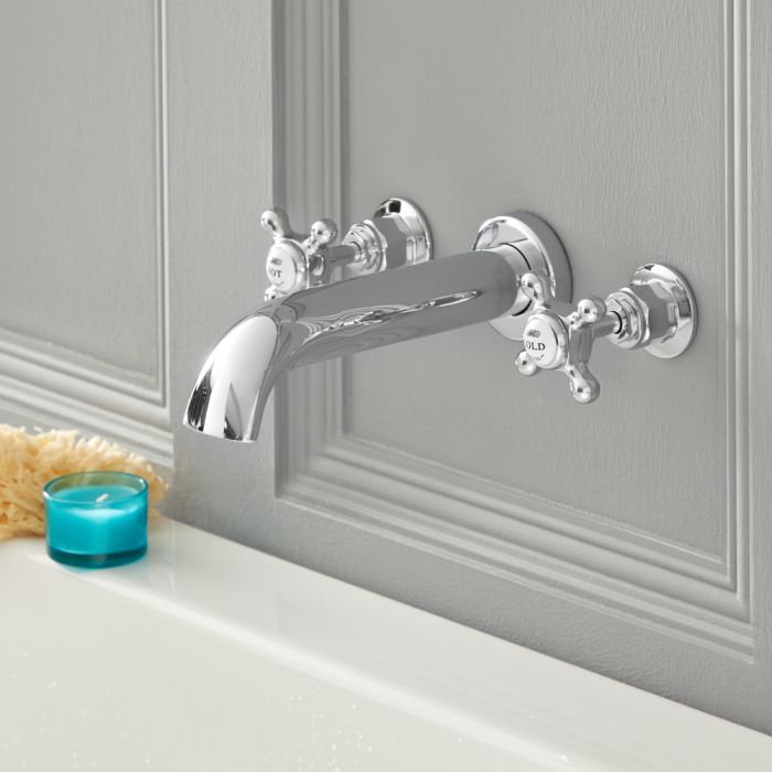 Milano Elizabeth - Traditional Wall Mounted 3 Tap-Hole Crosshead Bath Filler Tap - Chrome and White