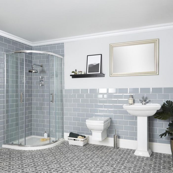 Milano Sandringham - Shower Suite with Quadrant Enclosure, Wall Hung Toilet and Pedestal Basin