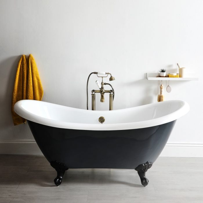 Milano Hest - Stone Grey Traditional Double-Ended Freestanding Slipper Bath with Black Feet - 1750mm x 730mm (No Tap-Holes)