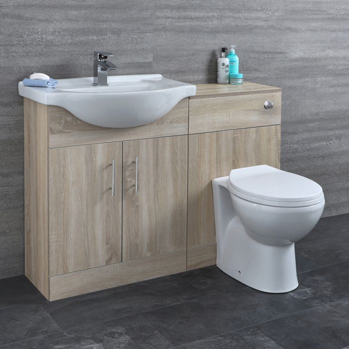 Milano Arch Oak Modern 1140mm Vanity And Wc Combination Unit With Pan Cistern - Modern Bathroom Sink Vanity Unit