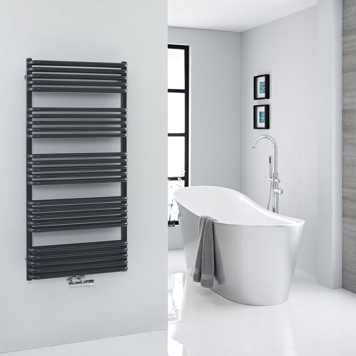 Milano Bow - Black D-Bar Central Connection Heated Towel Rail - 1269mm x 600mm