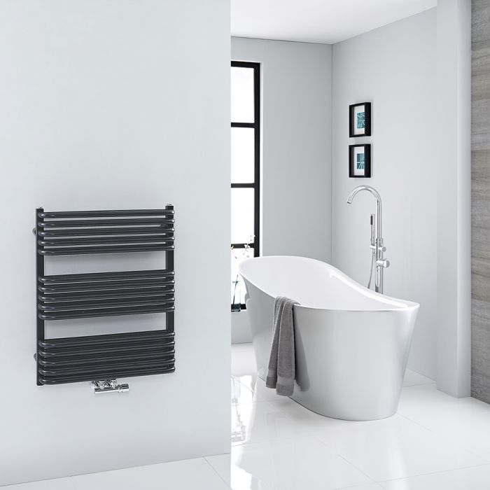 Milano Bow - Black D-Bar Central Connection Heated Towel Rail - 736mm x 600mm