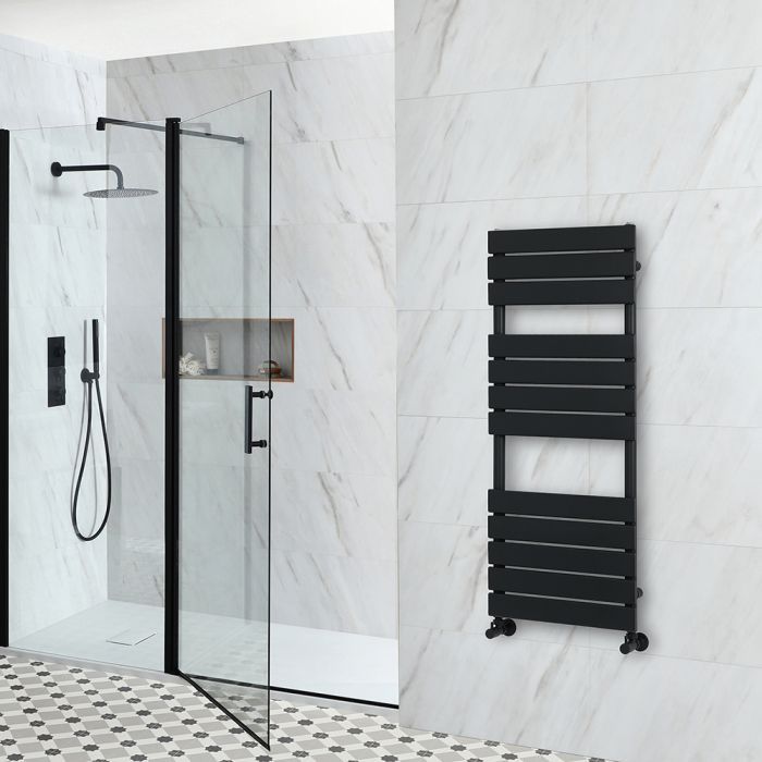 Milano Lustro - Designer Matt Black Flat Panel Heated Towel Rail - 1200mm x 450mm