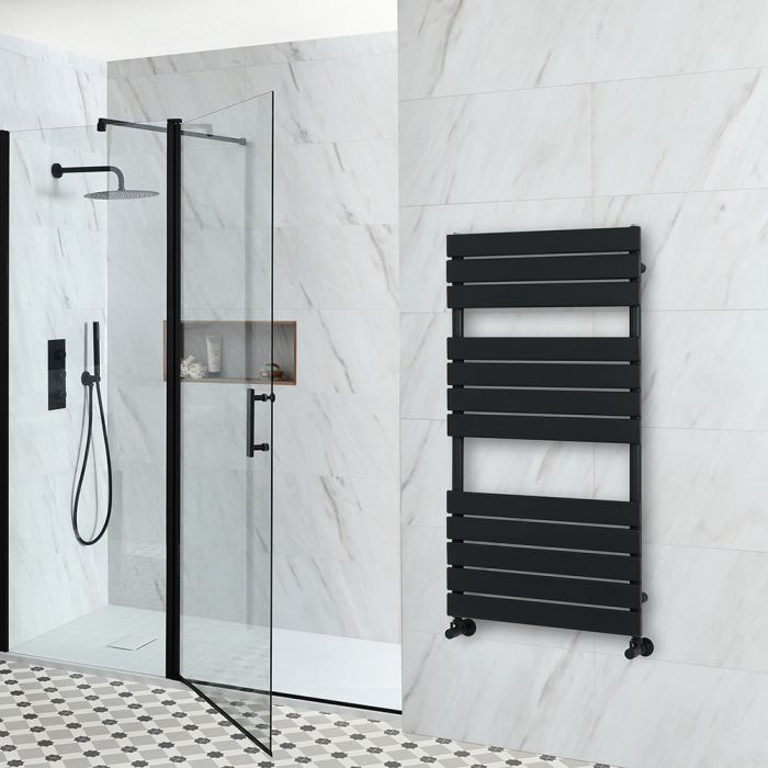 Milano Lustro - Designer Matt Black Flat Panel Heated Towel Rail - 1200mm x 600mm