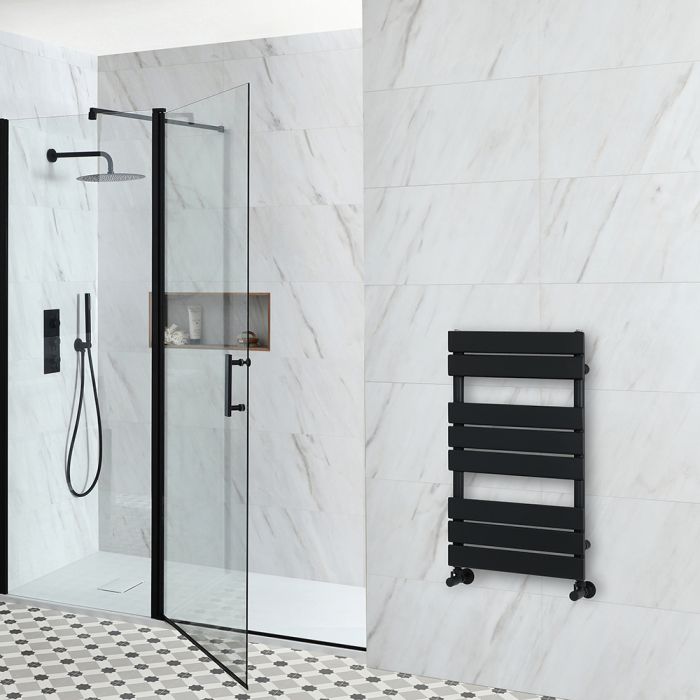 Milano Lustro - Designer Matt Black Flat Panel Heated Towel Rail - 825mm x 450mm