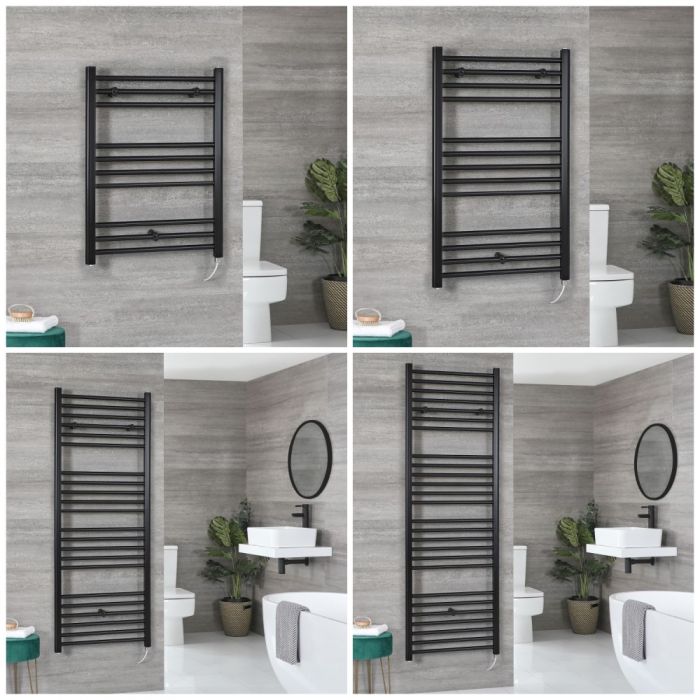 Milano Nero Electric - Black Flat Heated Towel Rail - Choice of Size and Heating Element