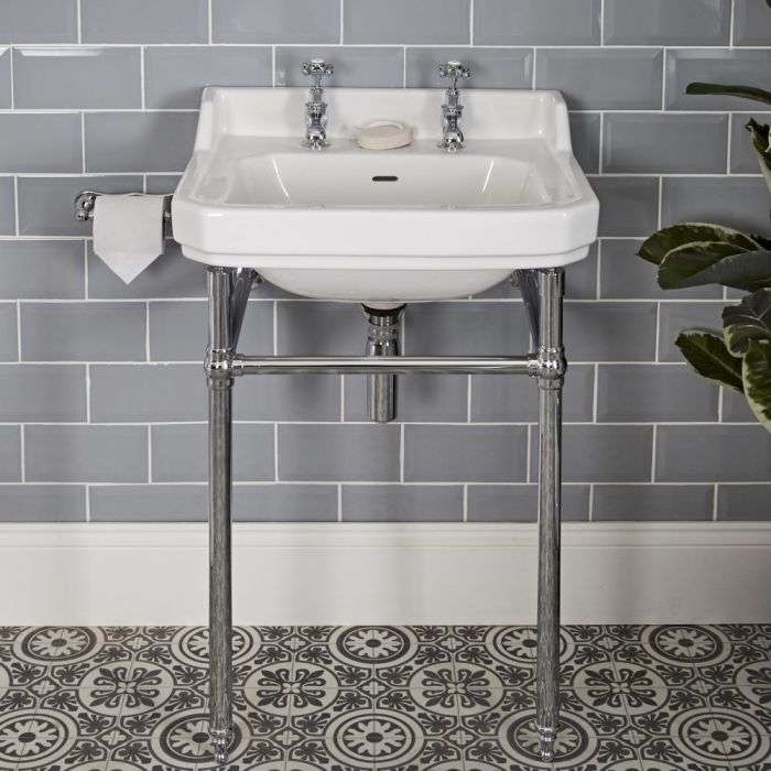 Milano Richmond - White Traditional Square Basin and Washstand - 560mm x 450mm (2 Tap-Holes)