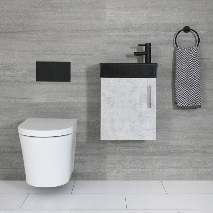Milano Lurus - Concrete Grey 400mm Compact Wall Hung Cloakroom Vanity Unit with Black Basin