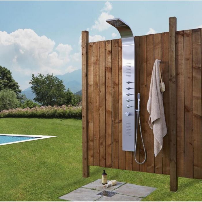 Milano Niagara - Chrome Thermostatic Outdoor Shower with Shower Head, Hand Shower and Body Jets (5 Outlet)