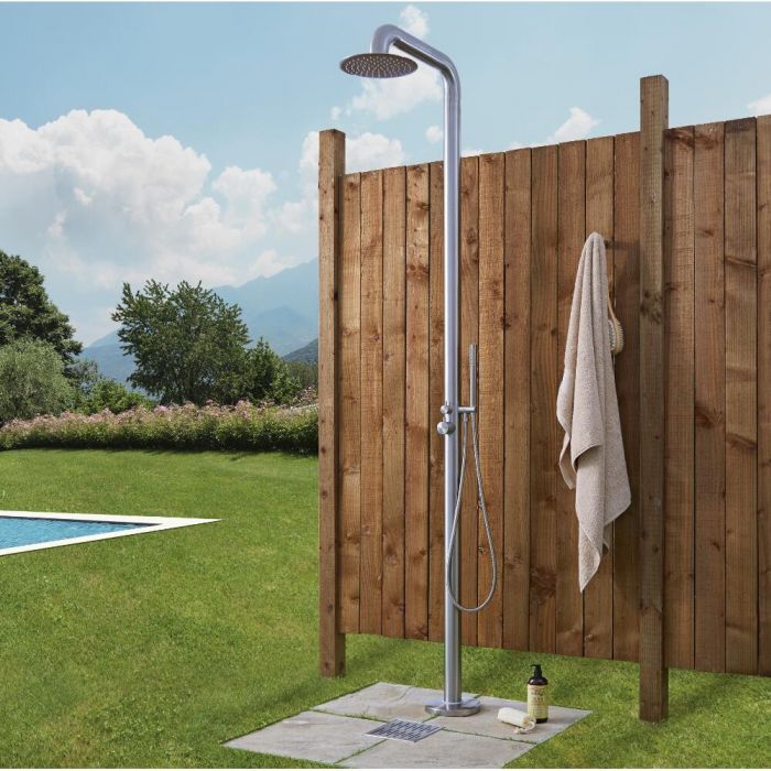 Milano Sevilla - Brushed Steel Outdoor Shower with Shower Head and Hand Shower (2 Outlet)