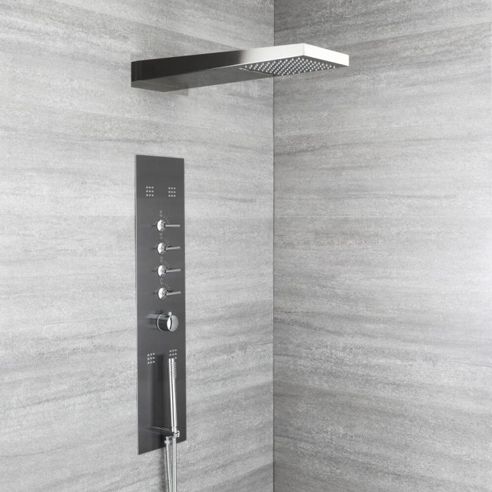 Milano Océanie - Modern Concealed Thermostatic Shower Tower Panel with Waterfall Shower Head, Hand Shower and Body Jets - Grey