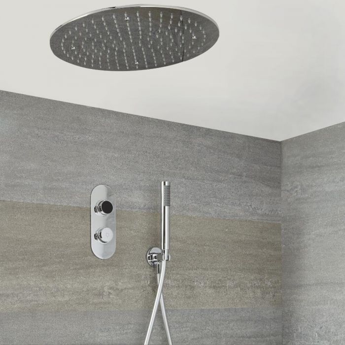 Milano Vis - Chrome Thermostatic Digital Shower with Round Recessed Shower Head and Hand Shower (2 Outlet)