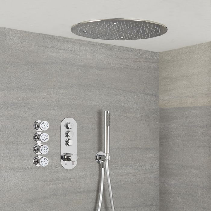 Milano Orta - Chrome Thermostatic Shower with Recessed Shower Head, Hand Shower and Body Jets (3 Outlet)