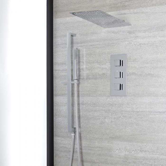 Milano Arvo - Chrome Thermostatic Shower with Slim Shower Head, Hand Shower and Riser Rail (2 Outlet)