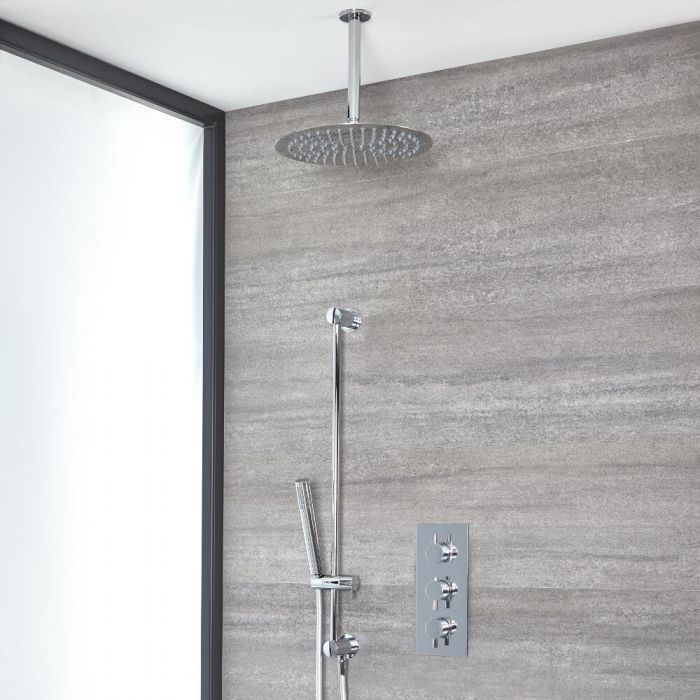 Milano Mirage - Chrome Thermostatic Shower with Ceiling Mounted Shower Head, Hand Shower and Riser Rail (2 Outlet)