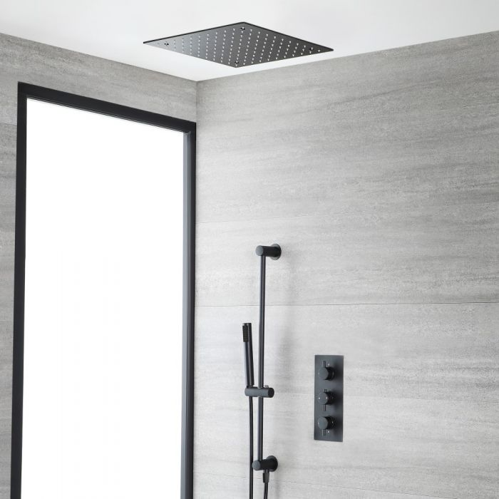 Milano Nero - Black Thermostatic Shower with Recessed Shower Head and Riser Rail with Hand Shower (2 Outlet)