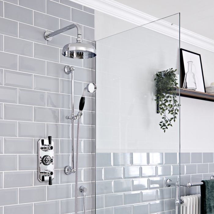 Milano Elizabeth - Chrome and Black Traditional Thermostatic Shower with Riser Rail and Shower Head (2 Outlet)