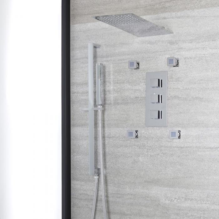 Milano Arvo - Chrome Thermostatic Shower with Diverter, Slim Shower Head, Hand Shower, Body Jets and Riser Rail (3 Outlet)