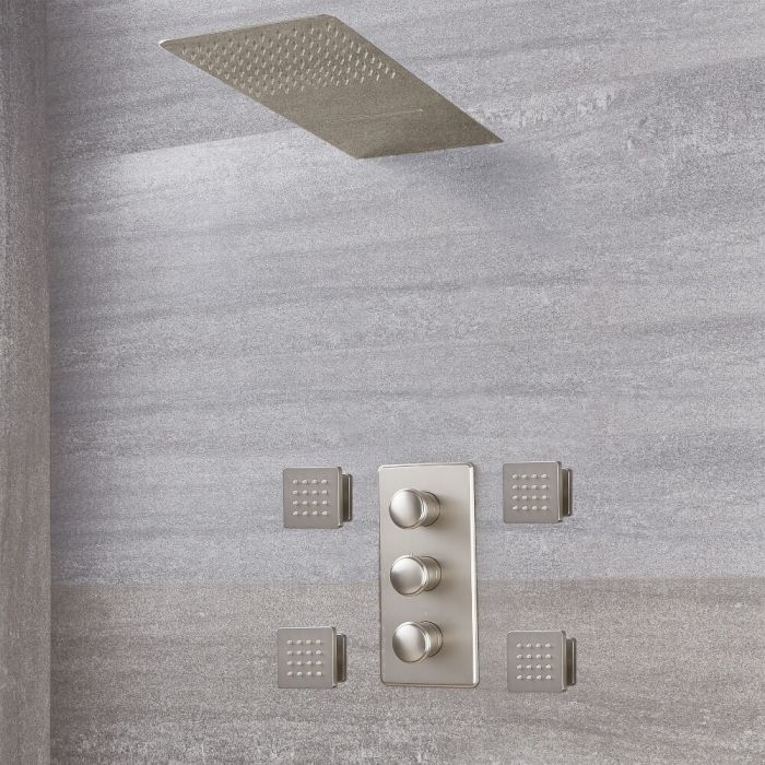 Milano Ashurst - Brushed Nickel Thermostatic Shower with Diverter, Waterblade Shower Head and Body Jets (3 Outlet)