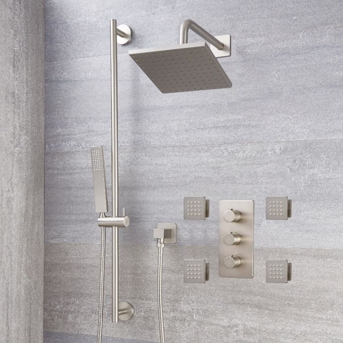 Milano Hunston - Brushed Nickel Thermostatic Shower with Diverter, Shower Head, Hand Shower, Body Jets and Riser Rail (3 Outlet)