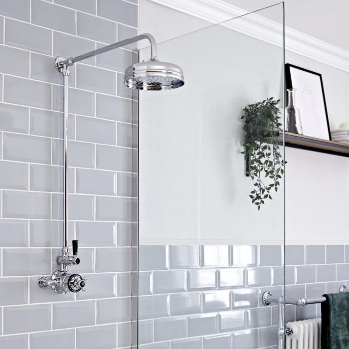 Milano Elizabeth - Chrome and Black Traditional Twin Exposed Thermostatic Shower with Round Shower Head and Rigid Riser Rail (1 Outlet)