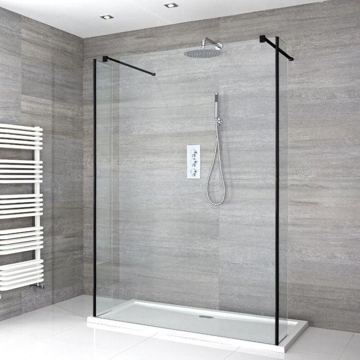 Milano Nero - Floating Walk-In Shower Enclosure with Tray - Choice of Sizes and Hinged Return Panel Option