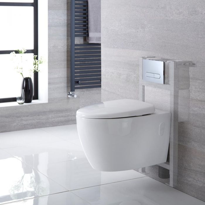Milano Altham - White Modern Rimless Wall Hung Toilet with Short Wall Frame - Choice of Flush Plate