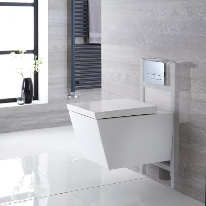 Milano Dalton - White Modern Wall Hung Toilet with Short Wall Frame - Choice of Flush Plate
