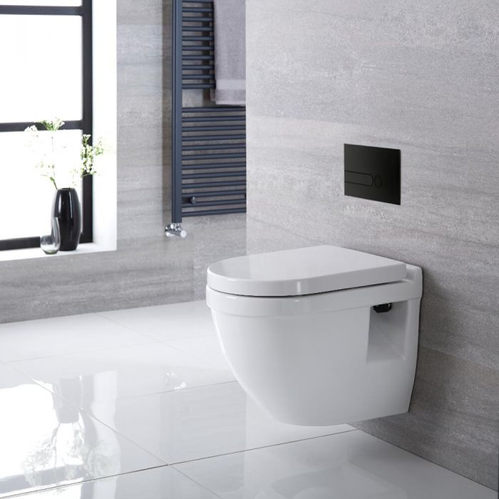 Milano Newby - White Modern Wall Hung Toilet with Short Wall Frame - Choice of Flush Plate