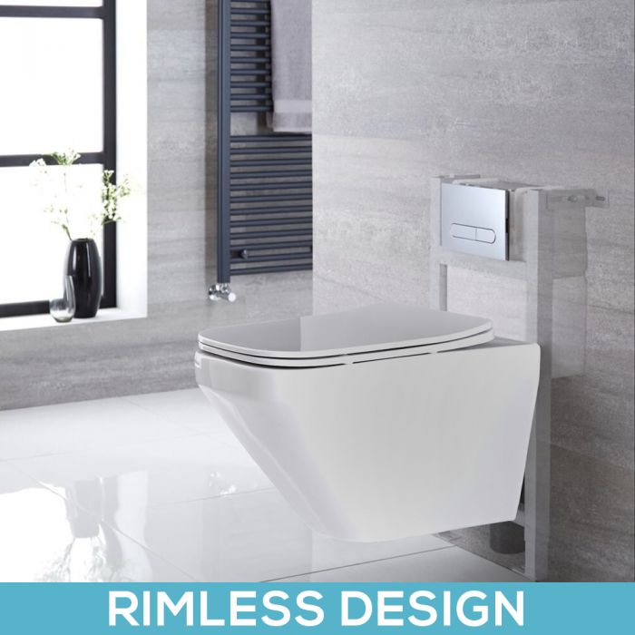 Milano Farington - White Modern Rimless Wall Hung Toilet with Short Wall Frame - Choice of Flush Plate