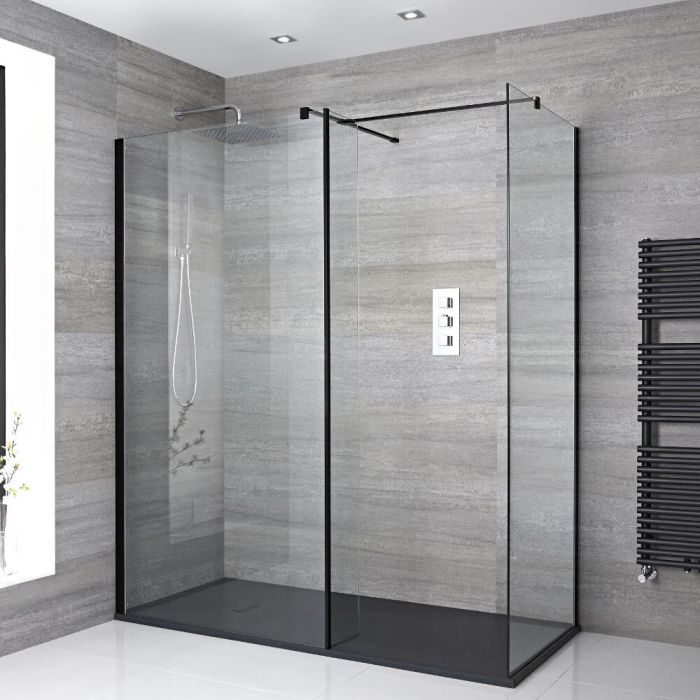 Milano Nero - Corner Walk-In Shower Enclosure with Slate Tray and Hinged Return Panel - Choice of Sizes