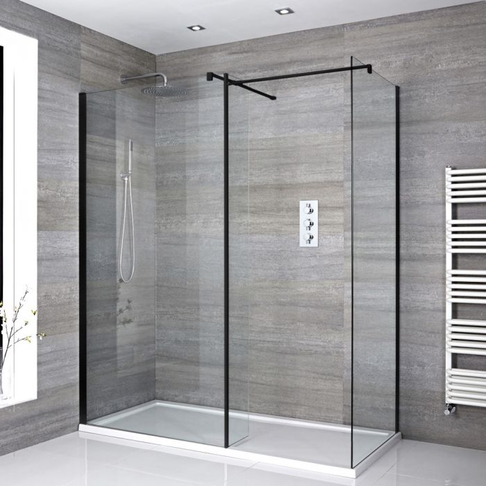 Milano Nero - Corner Walk-In Shower Enclosure with Tray and Hinged Return Panel - Choice of Sizes