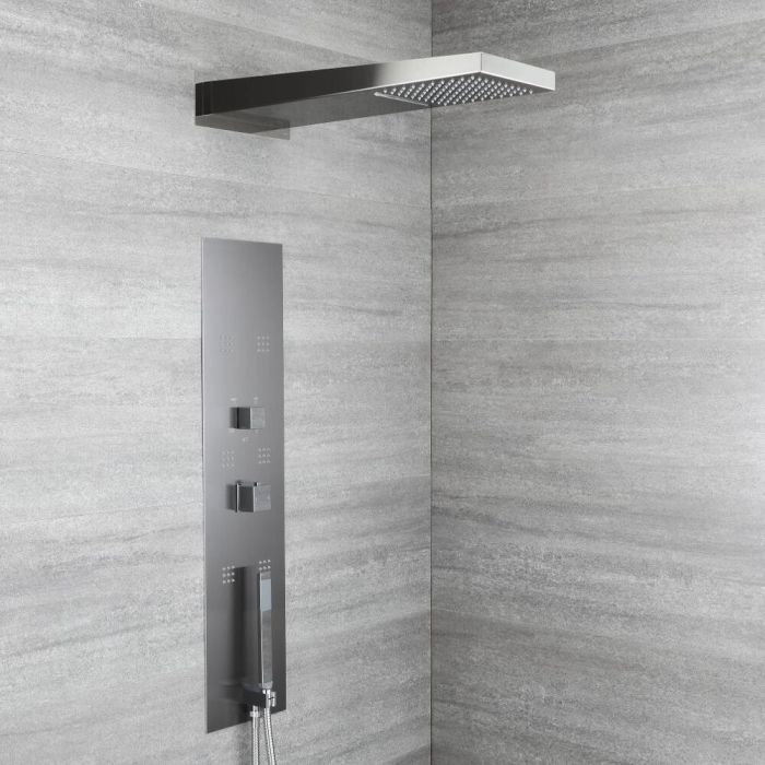 Milano Ryukyu Modern Concealed Thermostatic Shower Tower Panel With Waterfall Shower Head Hand Shower And Body Jets Grey