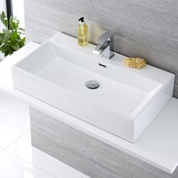 Milano Elswick - White Modern Rectangular Countertop Basin - 750mm x 420mm (1 Tap-Hole)
