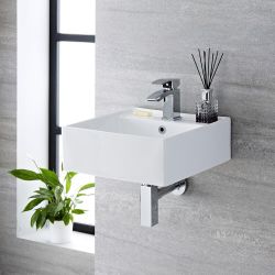 Milano Dalton - White Modern Square Wall Hung Basin - 410mm x 410mm (1 Tap-Hole) - with Chrome Overflow