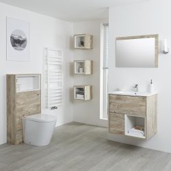 Milano Bexley - Light Oak Modern 600mm Open Shelf Vanity Unit, WC Unit, Rivington Pan, Three Storage Units and Mirror