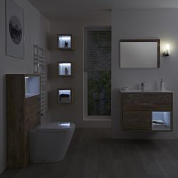 Milano Bexley - Light Oak Modern 800mm Open Shelf Vanity Unit, WC Unit, Rivington Pan, Three Storage Units and Mirror