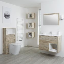 Milano Bexley - Light Oak Modern 800mm Open Shelf Vanity Unit, WC Unit, Rivington Pan, Three Storage Units and Mirror
